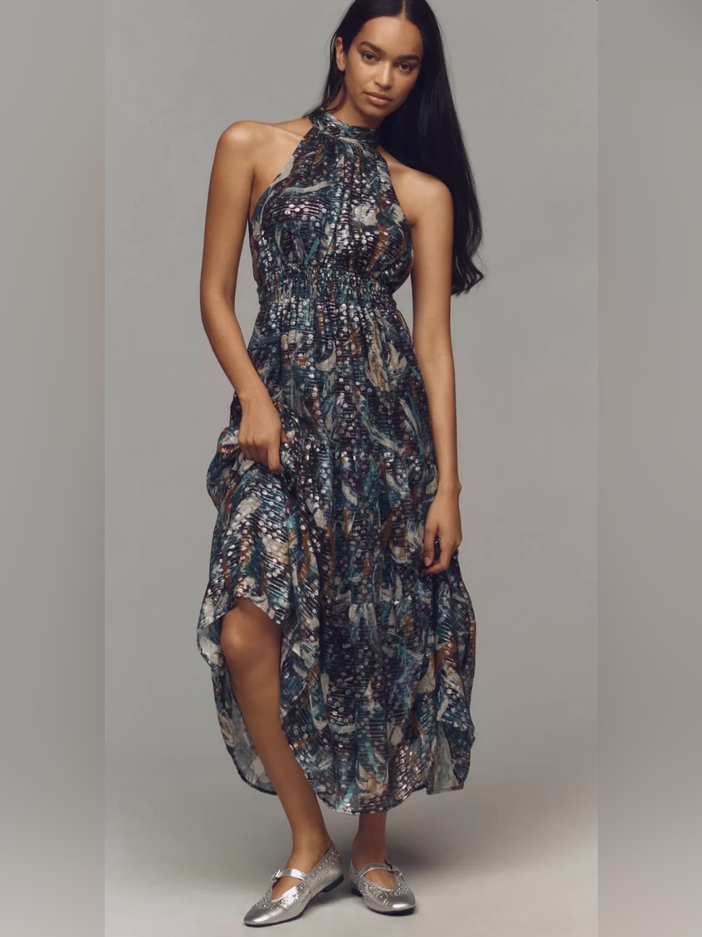 Anthropologie Somerset Maxi Halter Edition in Metallic Abstract